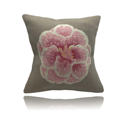 Limited Edition Camellia Needlepoint cushion on Beige